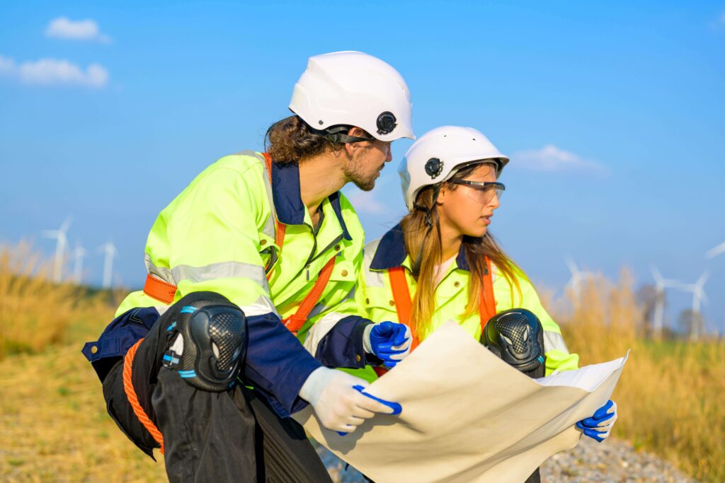 Two individuals wearing high‑visibility safety clothing and helmets review a large site plan outdoors, with wind turbines visible in the background.