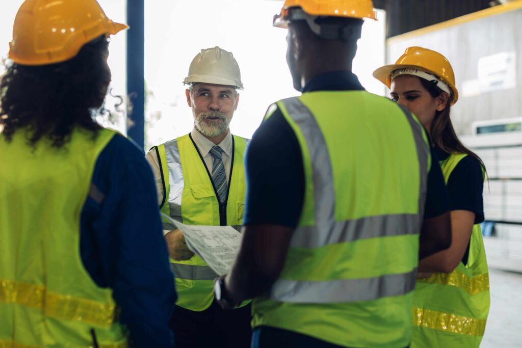 Group of safety professionals in high‑visibility PPE discussing plans with a supervisor at an industrial site.